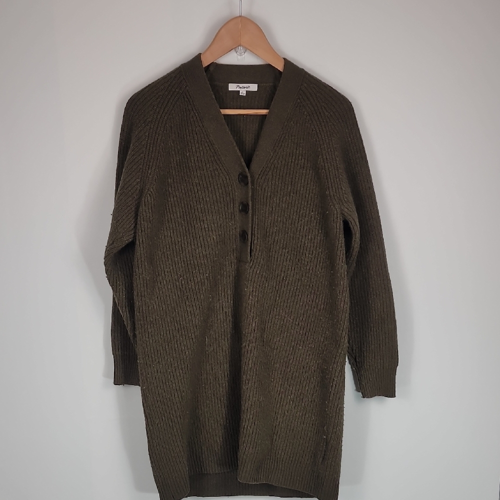 Madewell Wool Blend Olive Green Ribbed Knit Sweater Dress